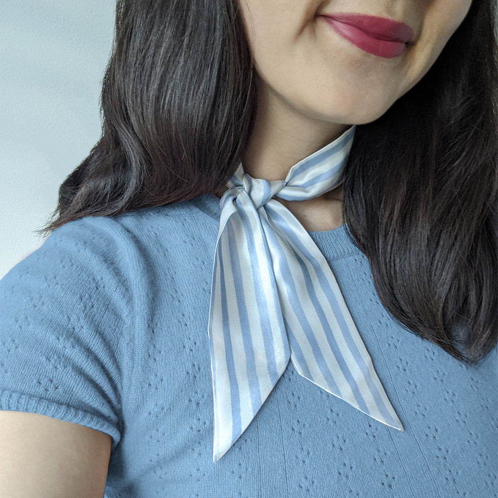 Silk Hair Tie - Silk Neck Tie - Blue & White Silk Ribbon | MEI-MEI Moon
